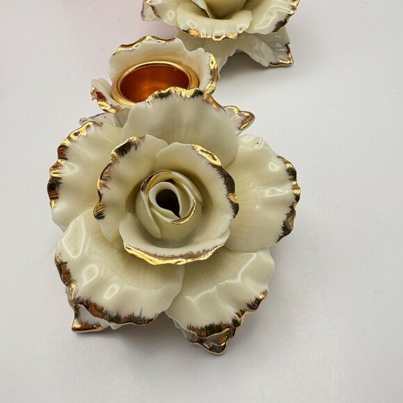 Avon Winter Rose Porcelain Candle Holders Vintage Christmas Rose Pair Gold Trim - Picture 2 of 12